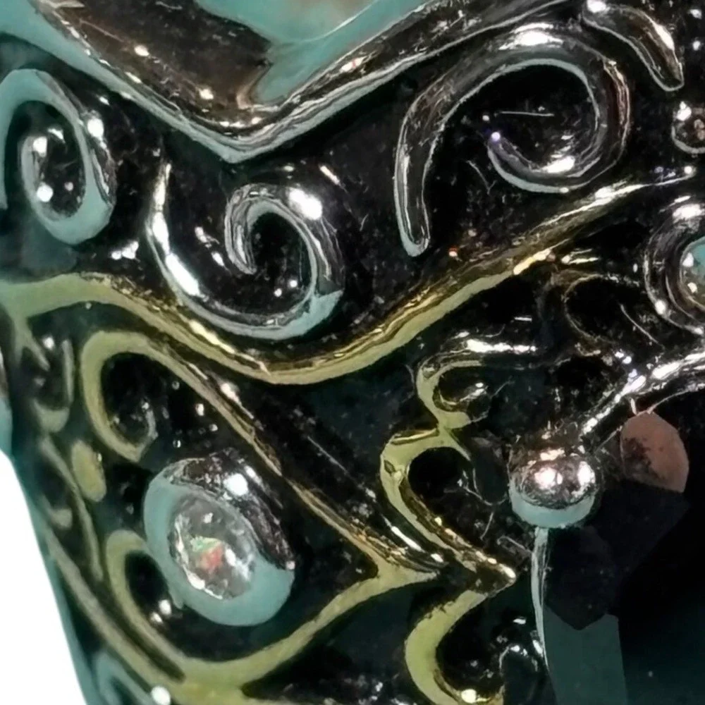 Mens Two Tone Filigree Scroll Black Onyx Statement Ring Size 10.5 Gothic Biker